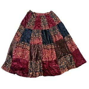 Chicos Design Vintage Patchwork Velvet Floral Maxi Skirt Burgundy Brown Size 2